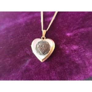 Vintage 12K GF MOP Heart Locket Pendant Necklace, Religio, Scientia, Cultus